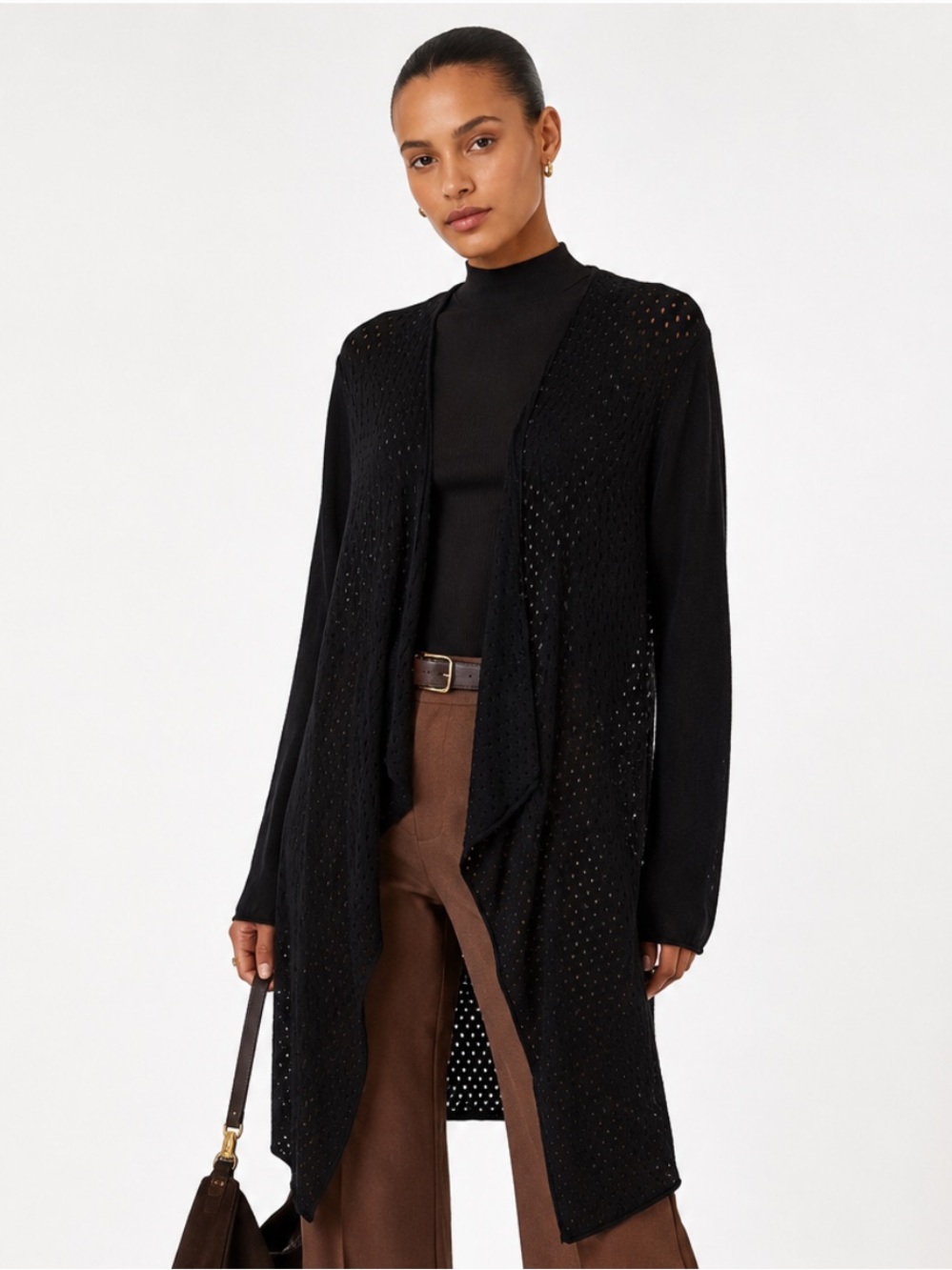 NEIMAN MARCUS Cashmere & Silk Black Knit Open Front Cardigan Long Sleeve Size L